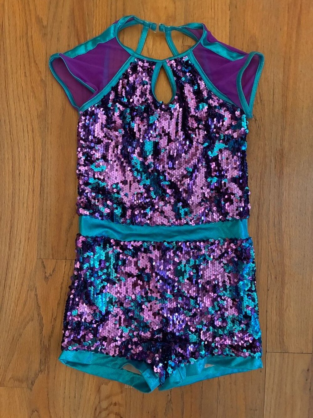 Weissman Purple Teal Sequin Mesh Dance Biketard Size SA  (~14-16)